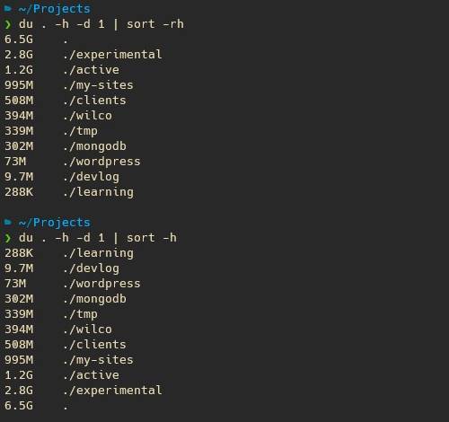 show the size of each file and directory sorted by size